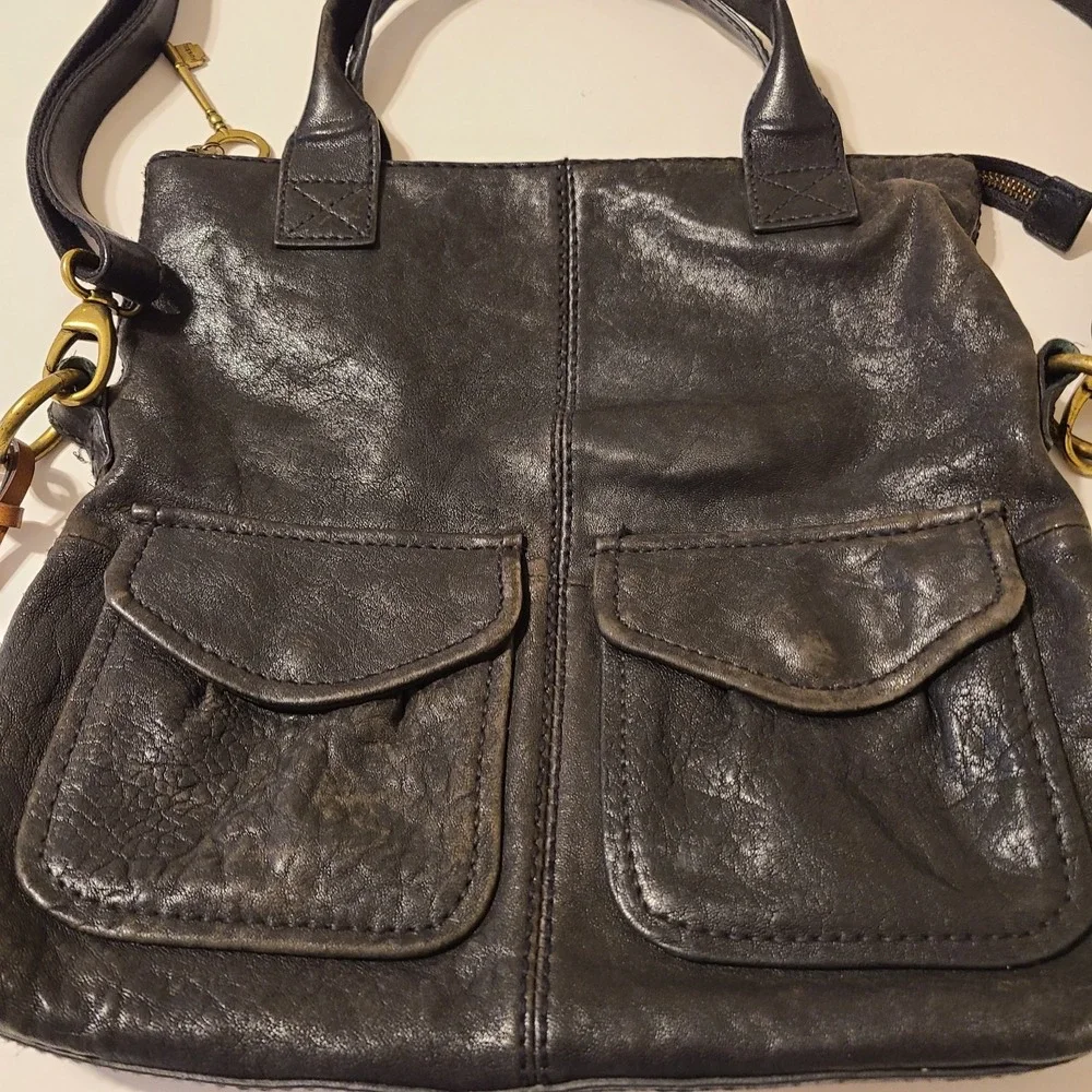Fossil Black Slouchy Leather Fold‎ Over Cargo Purse Bag Sade Noire Dark Academia
